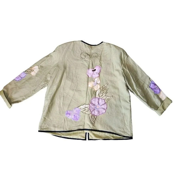 Vintage QVC Indigo Moon Green Embroidered Floral Art Jacket Toggle Buttons Large - Picture 2 of 8